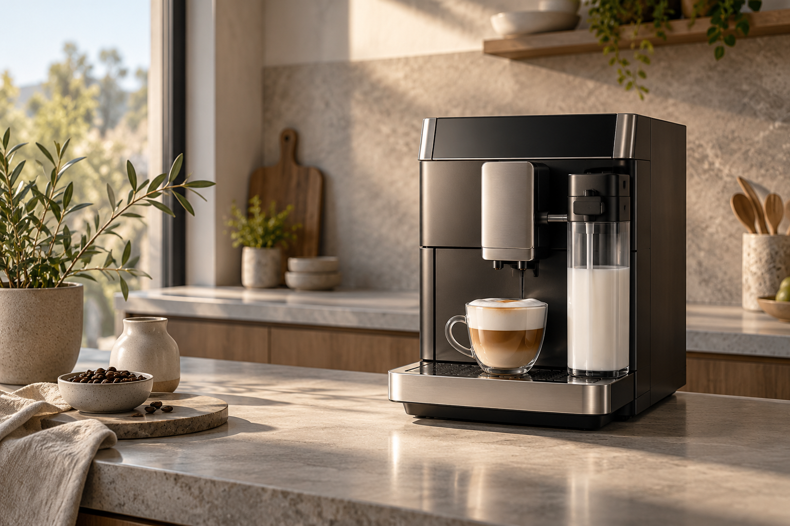 Illustrative home espresso machine with integrated grinder
