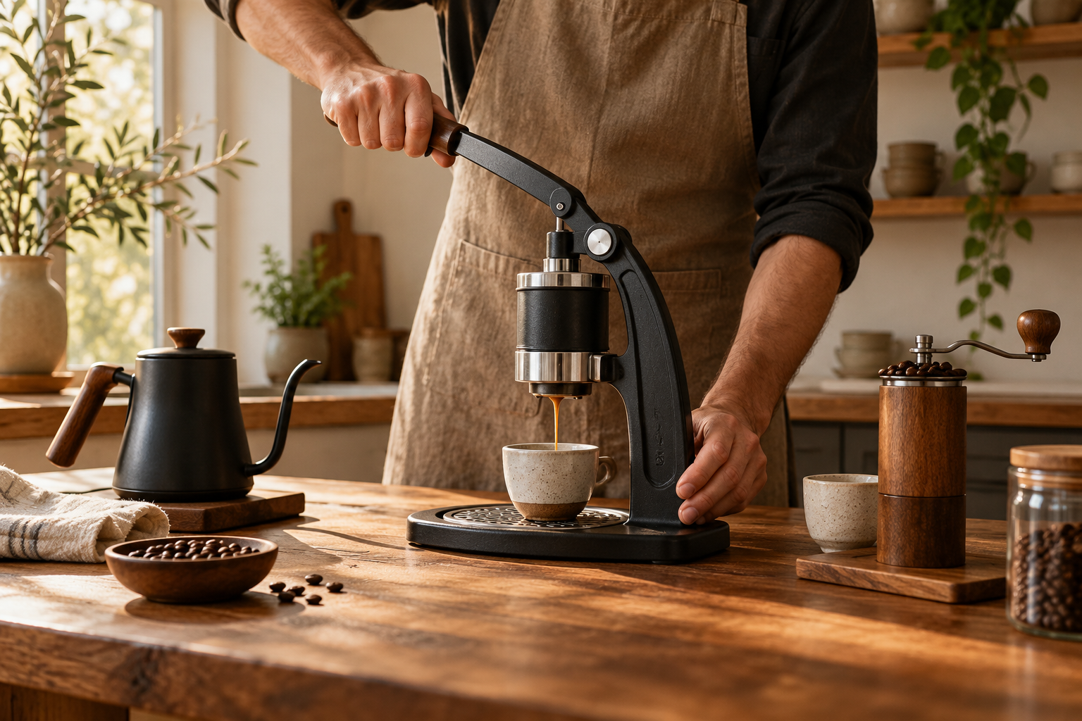 Illustrative manual lever espresso setup, not the Cafelat Robot product